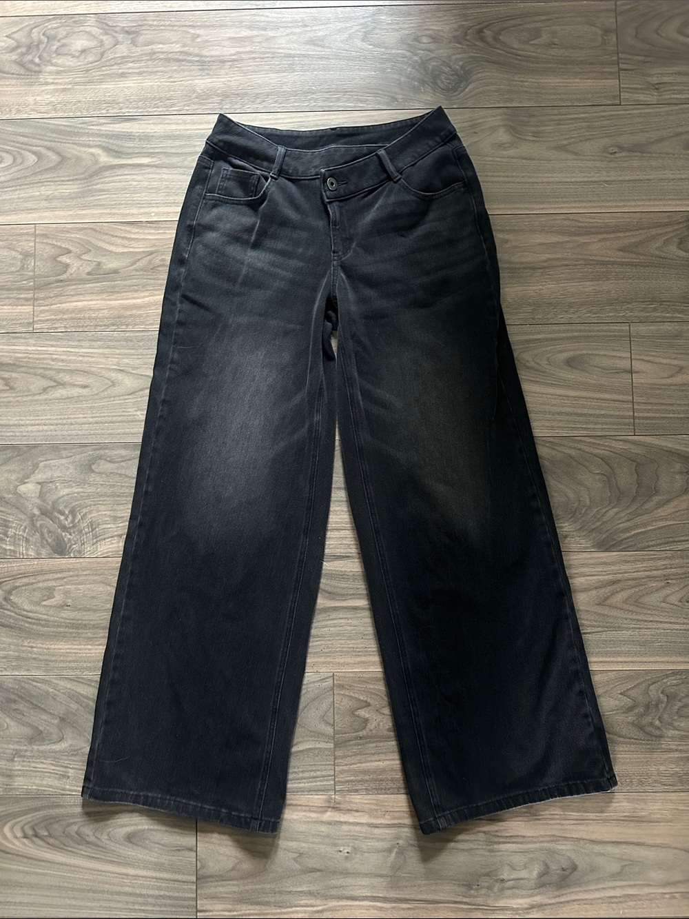 Halara Flex™ Asymmetric Low Rise Zipper Pockets Baggy Wide Leg Black Washed